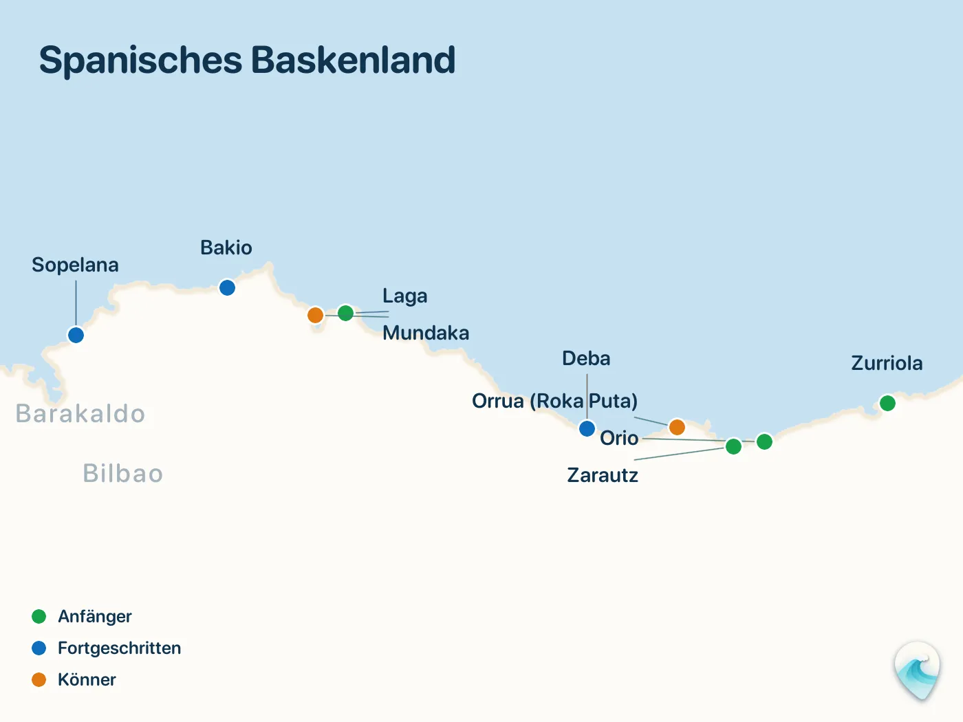 Karte der Surfspots aus dem Guide Spanisches Baskenland, mit nummerierten Markierungen