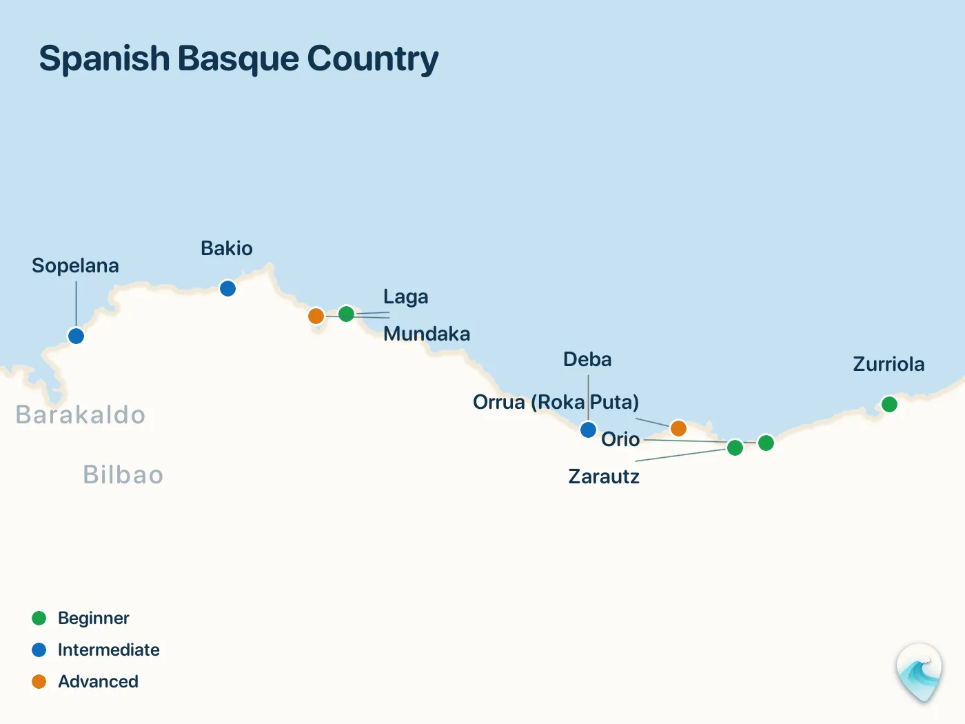 Map of the Spanish Basque Country surf spots described in this guide, with numbered markers