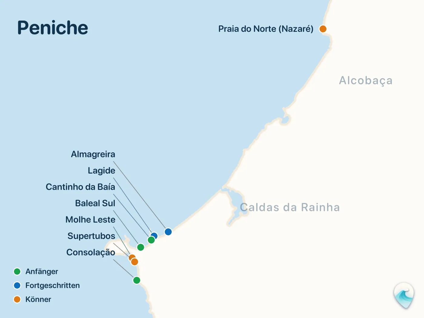 Karte der Surfspots aus dem Guide Peniche, mit nummerierten Markierungen