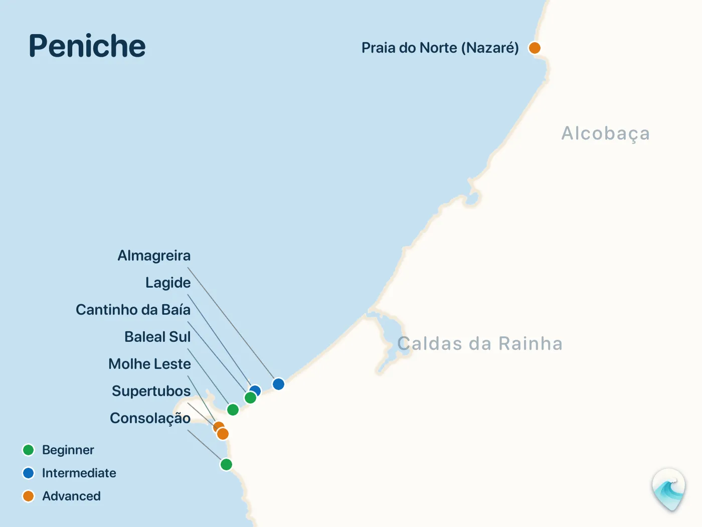 Map of the Peniche surf spots described in this guide, with numbered markers