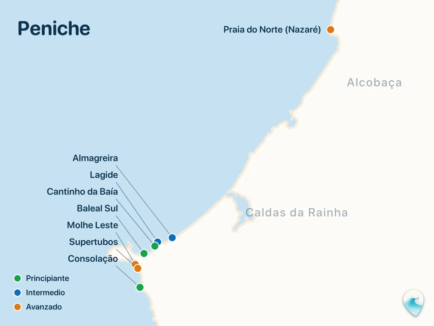 Mapa de los spots de surf de la guía Peniche, con marcadores numerados