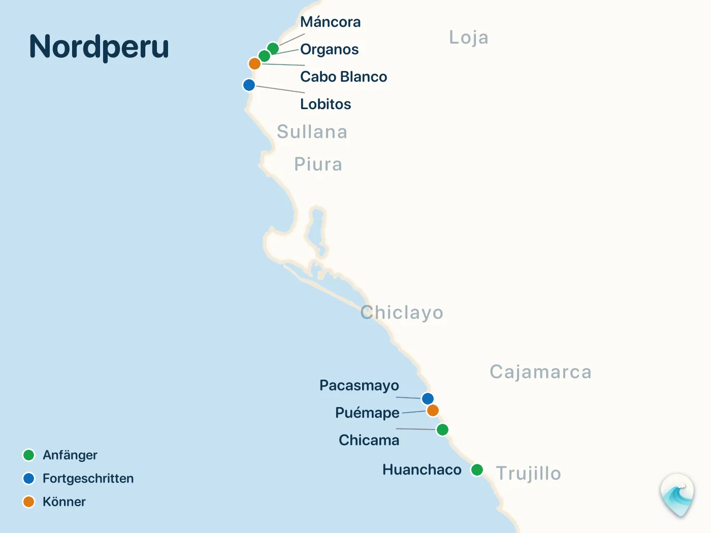 Karte der Surfspots aus dem Guide Nordperu, mit nummerierten Markierungen