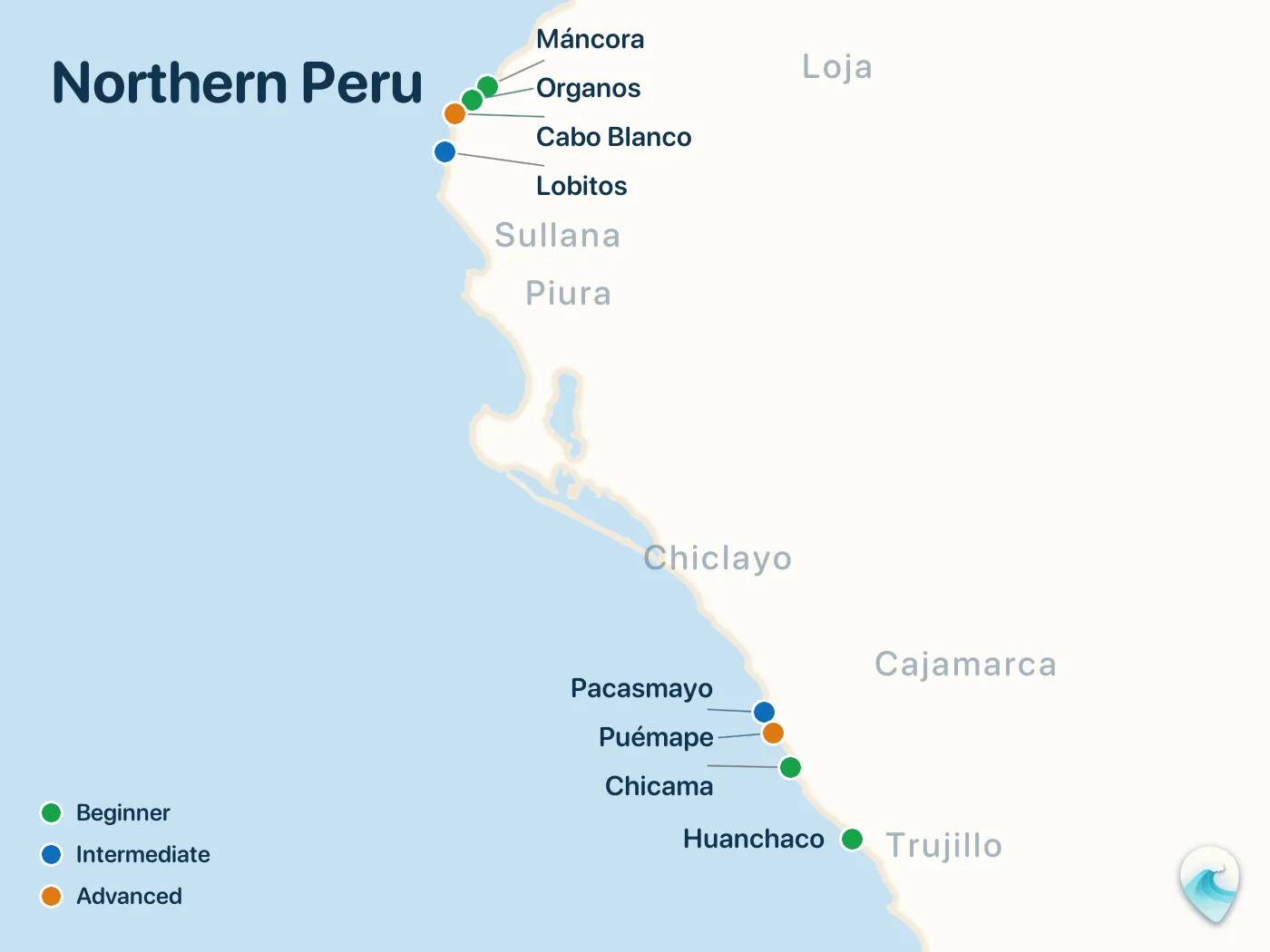 Map of the Northern Peru surf spots described in this guide, with numbered markers