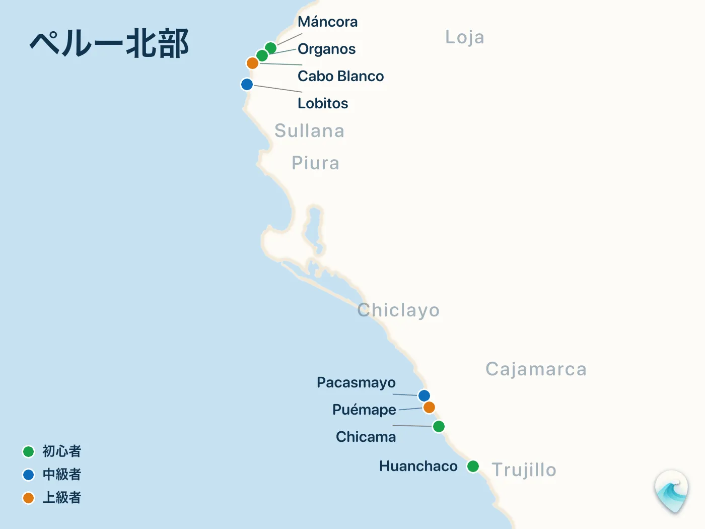 ペルー北部ガイドのサーフスポット地図(番号つき)