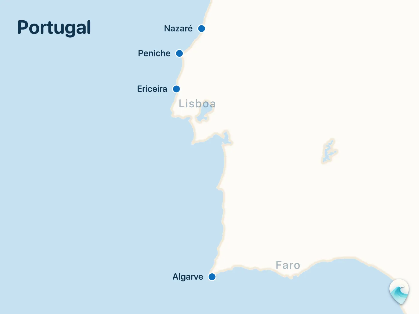 Map of the Portugal surf spots described in this guide, with numbered markers