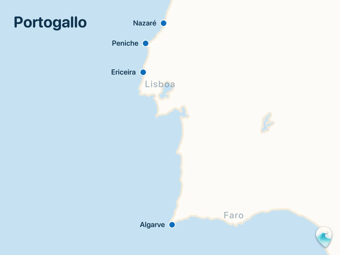 Mappa degli spot di surf della guida Portogallo, con indicatori numerati