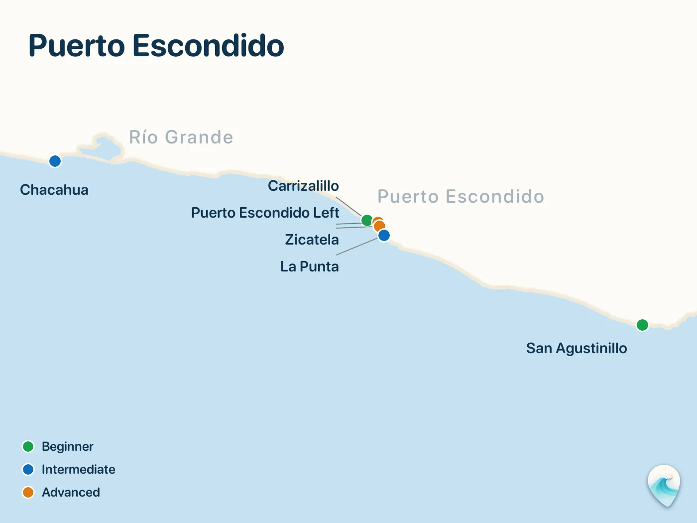 Map of the Puerto Escondido surf spots described in this guide, with numbered markers