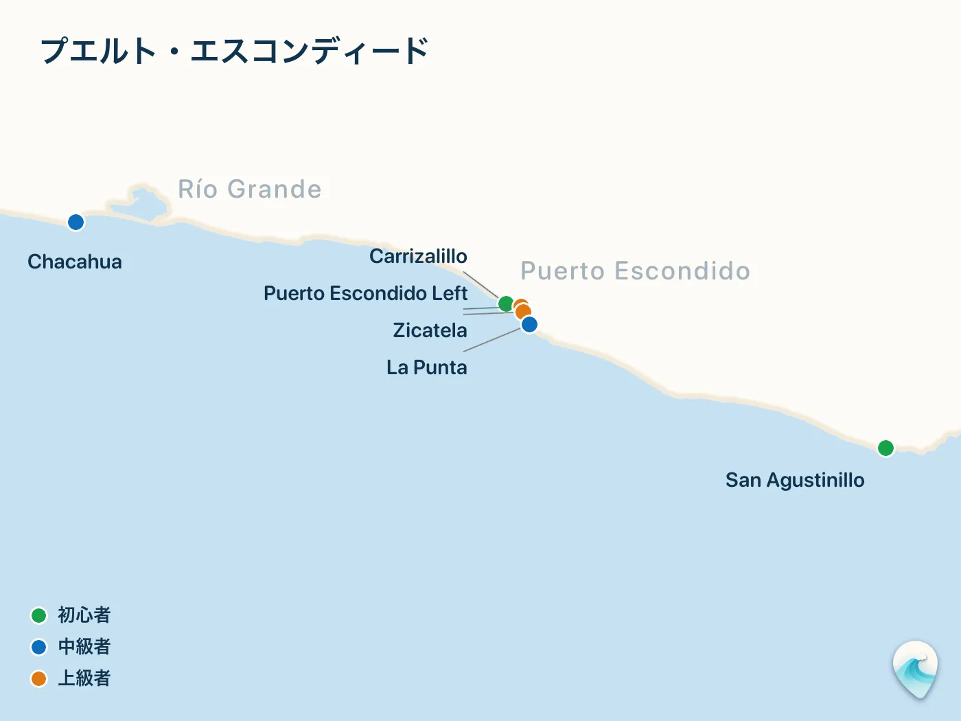 プエルト・エスコンディードガイドのサーフスポット地図(番号つき)