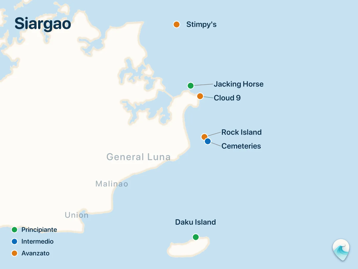 Mappa degli spot di surf della guida Siargao, con indicatori numerati