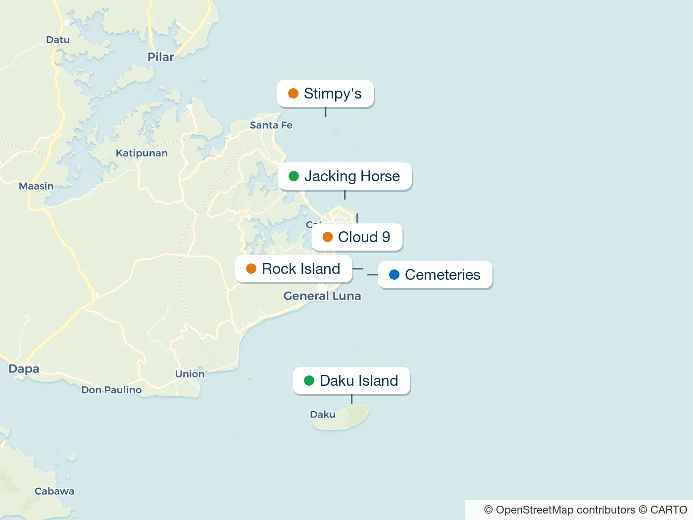 Map of the Siargao surf spots described in this guide, with numbered markers
