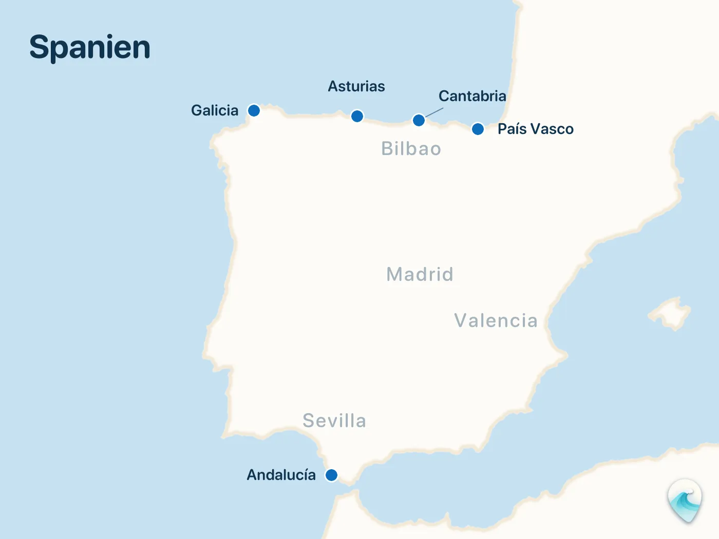 Karte der Surfspots aus dem Guide Spanien, mit nummerierten Markierungen