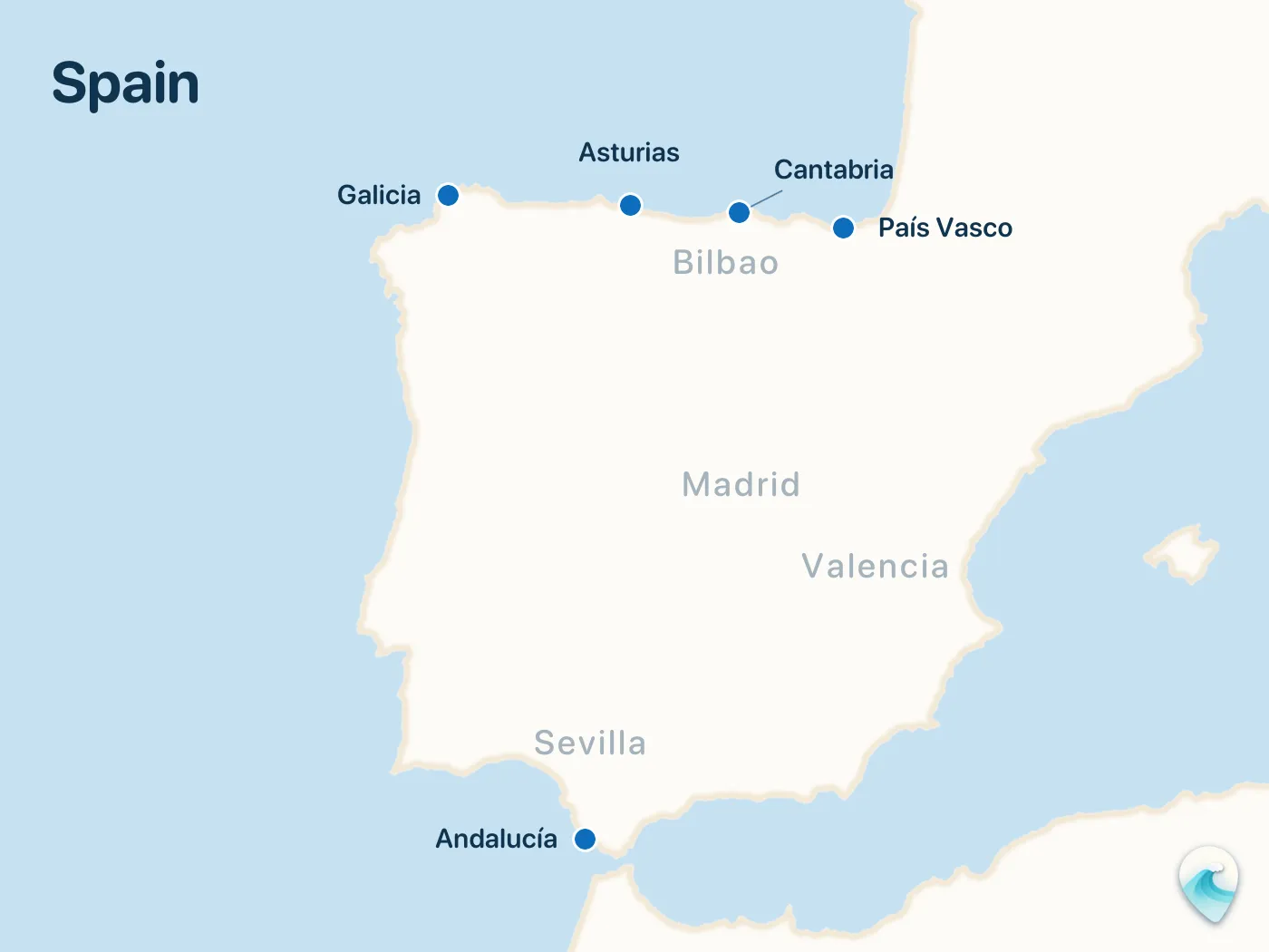 Map of the Spain surf spots described in this guide, with numbered markers