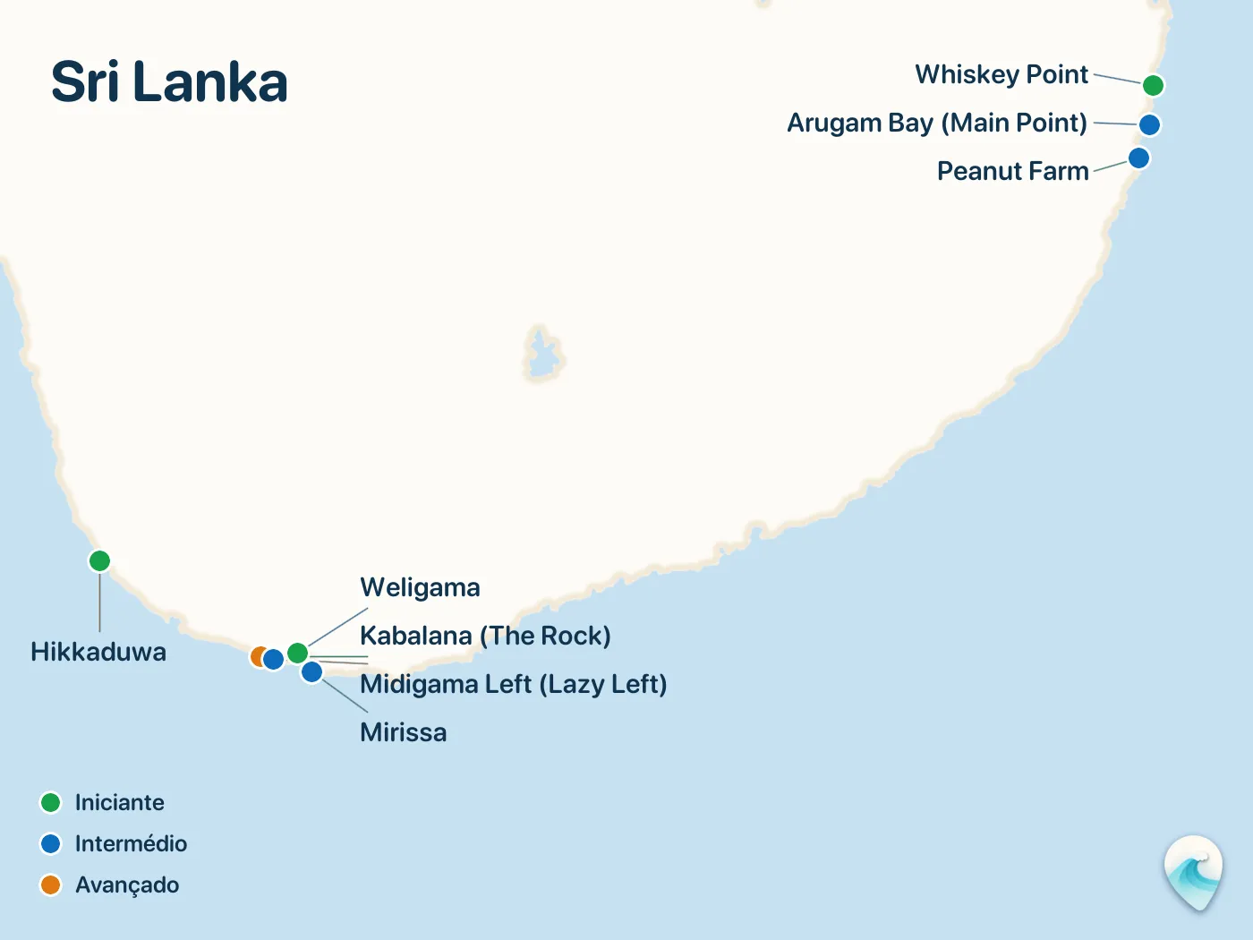 Mapa dos spots de surf do guia Sri Lanka, com marcadores numerados