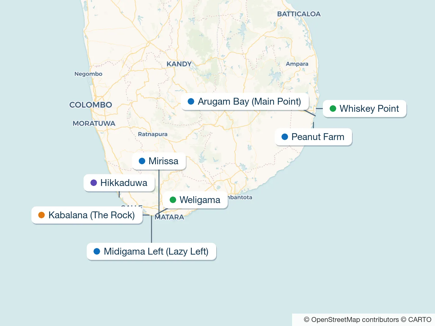 Map of the Sri Lanka surf spots described in this guide, with numbered markers