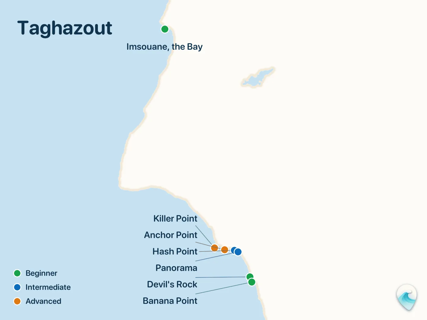 Map of the Taghazout surf spots described in this guide, with numbered markers