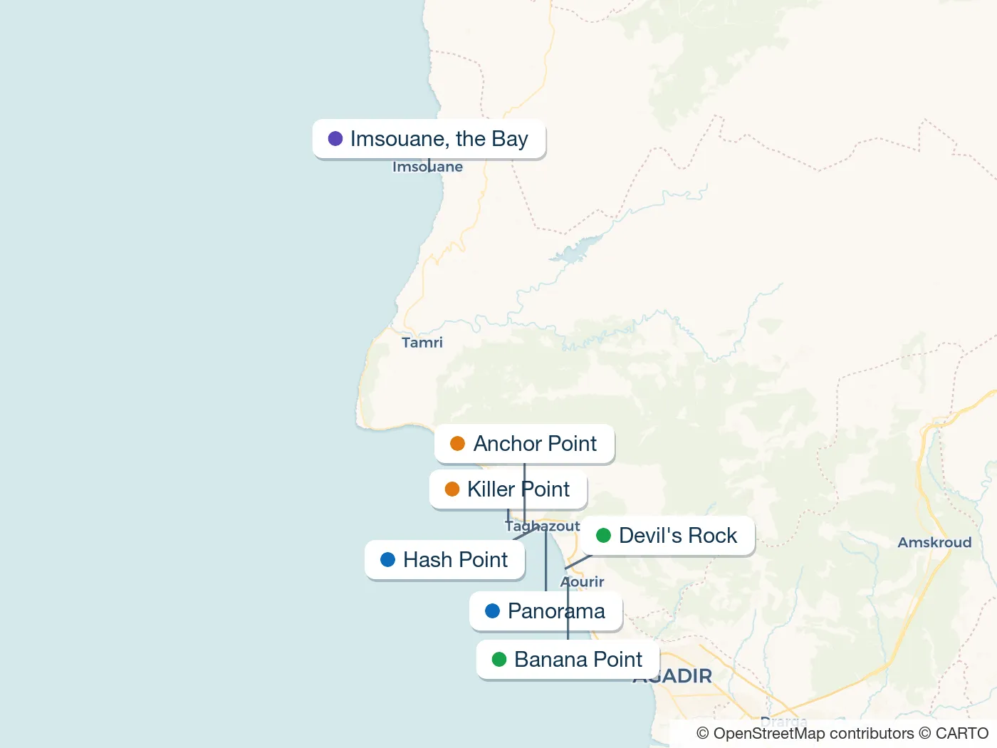 Map of the Taghazout surf spots described in this guide, with numbered markers
