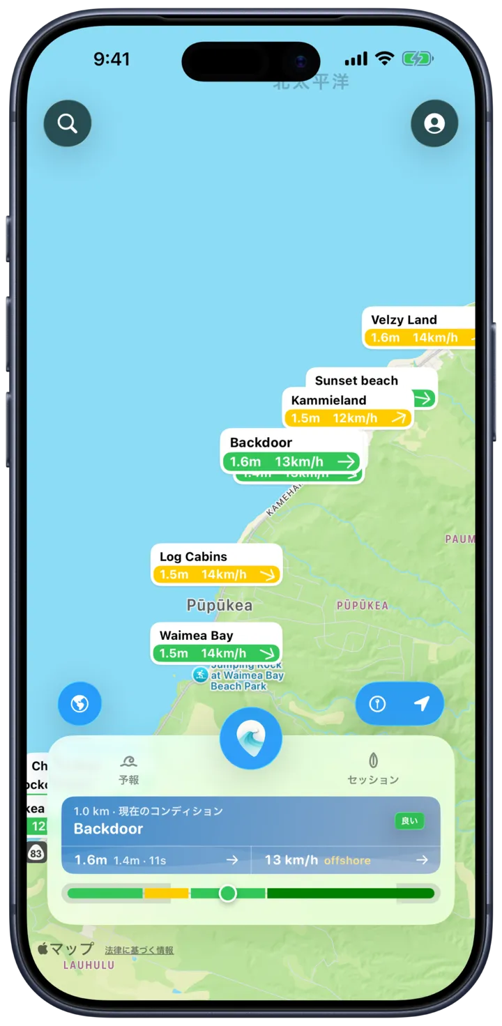 SurfMapのマップ。各スポットのピンに波の高さと風を表示