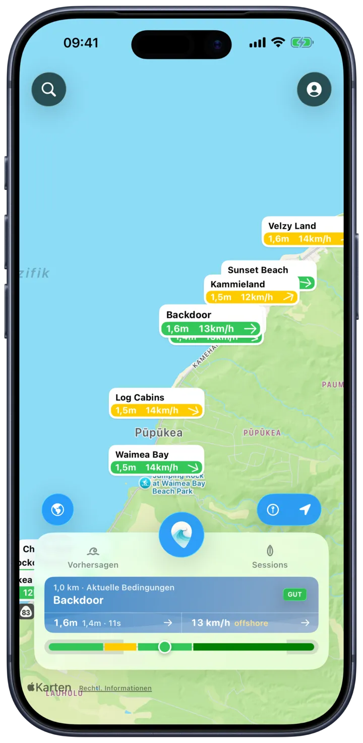 Die SurfMap Karte: jeder Spot zeigt Wellenhöhe und Wind