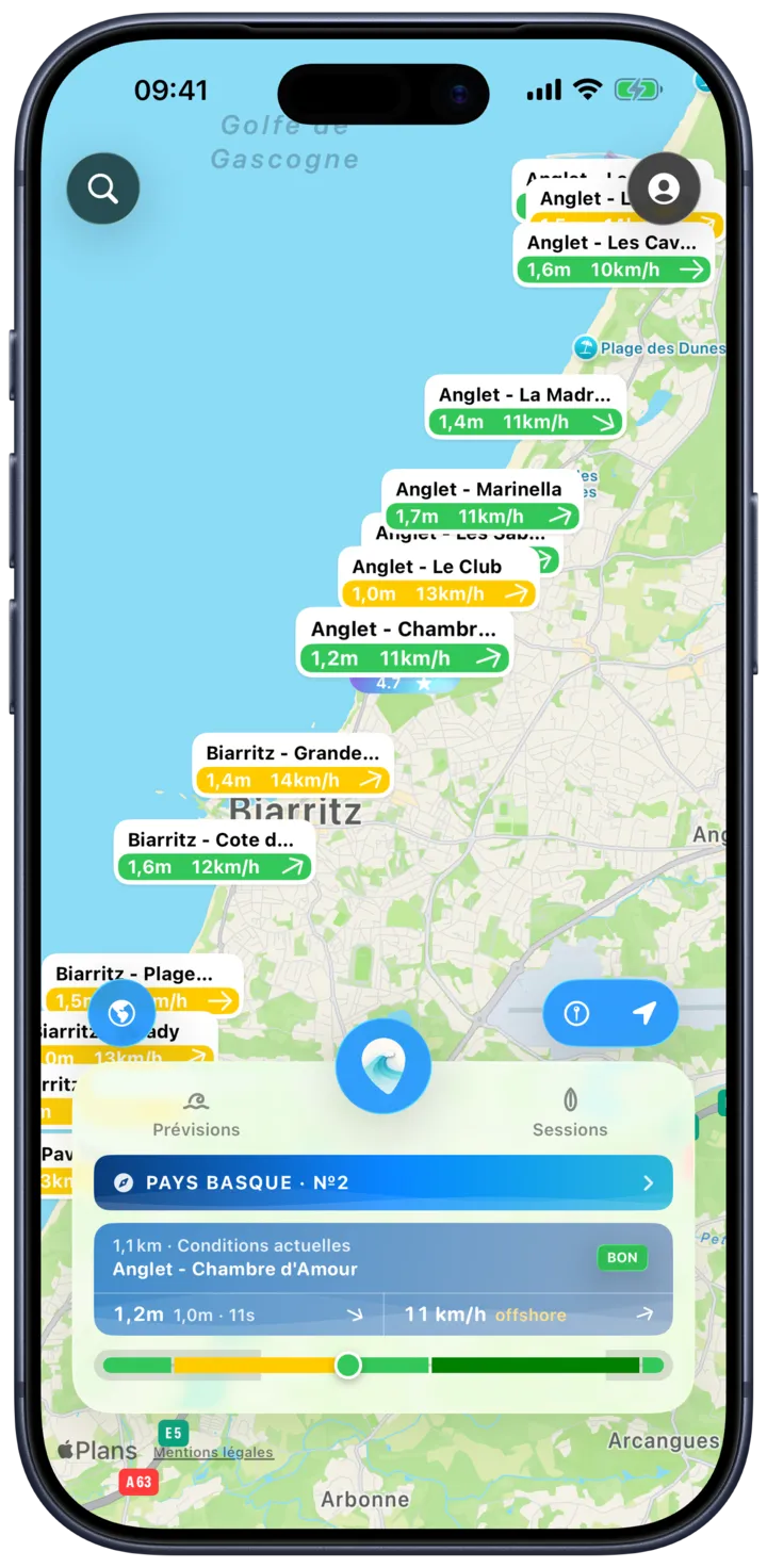 La carte SurfMap : chaque spot affiche la hauteur des vagues et le vent