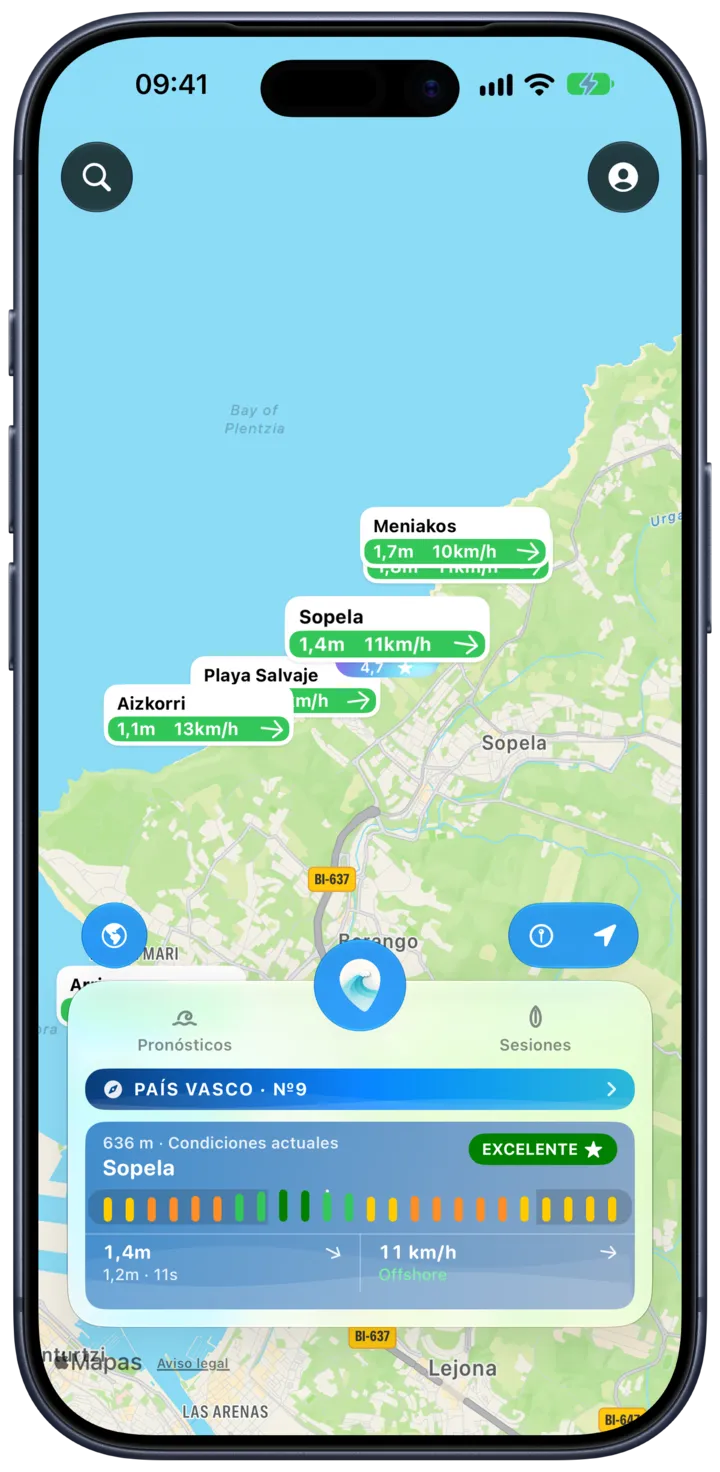 El mapa de SurfMap: cada spot muestra la altura de la ola y el viento