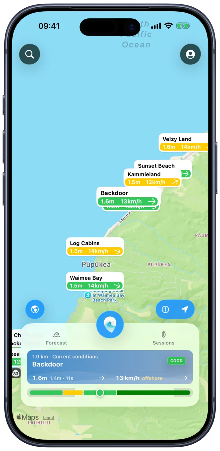 The SurfMap map of a coastline, each surf spot pin showing wave height and wind