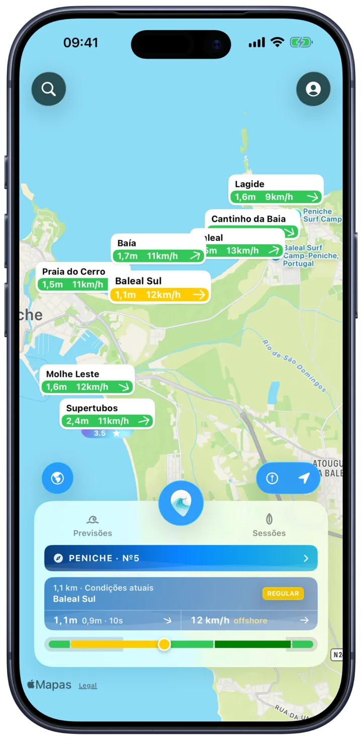 O mapa do SurfMap: cada spot mostra a altura da onda e o vento