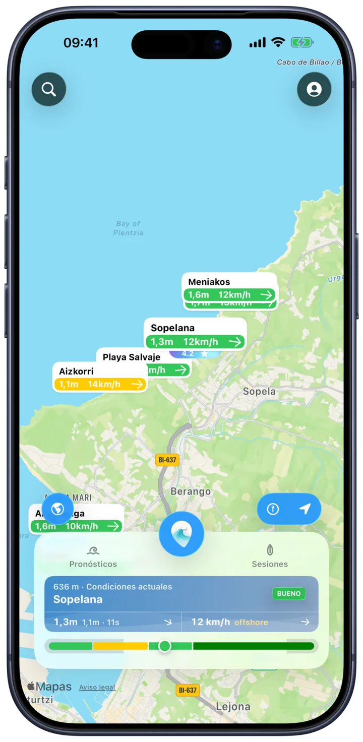 El mapa de SurfMap: cada spot muestra la altura de la ola y el viento