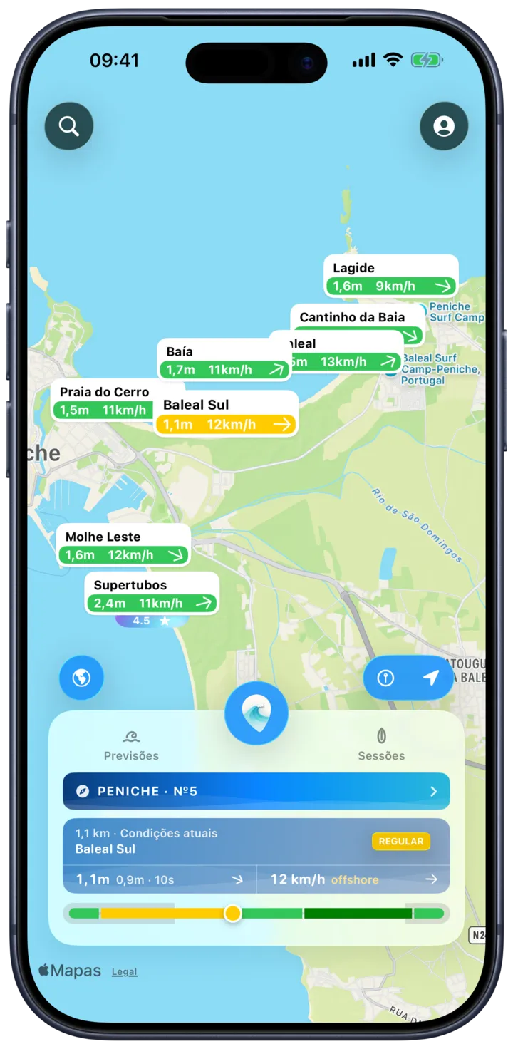 O mapa do SurfMap: cada spot mostra a altura da onda e o vento