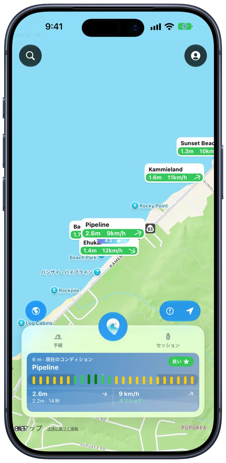 SurfMapのマップ。各スポットのピンに波の高さと風を表示