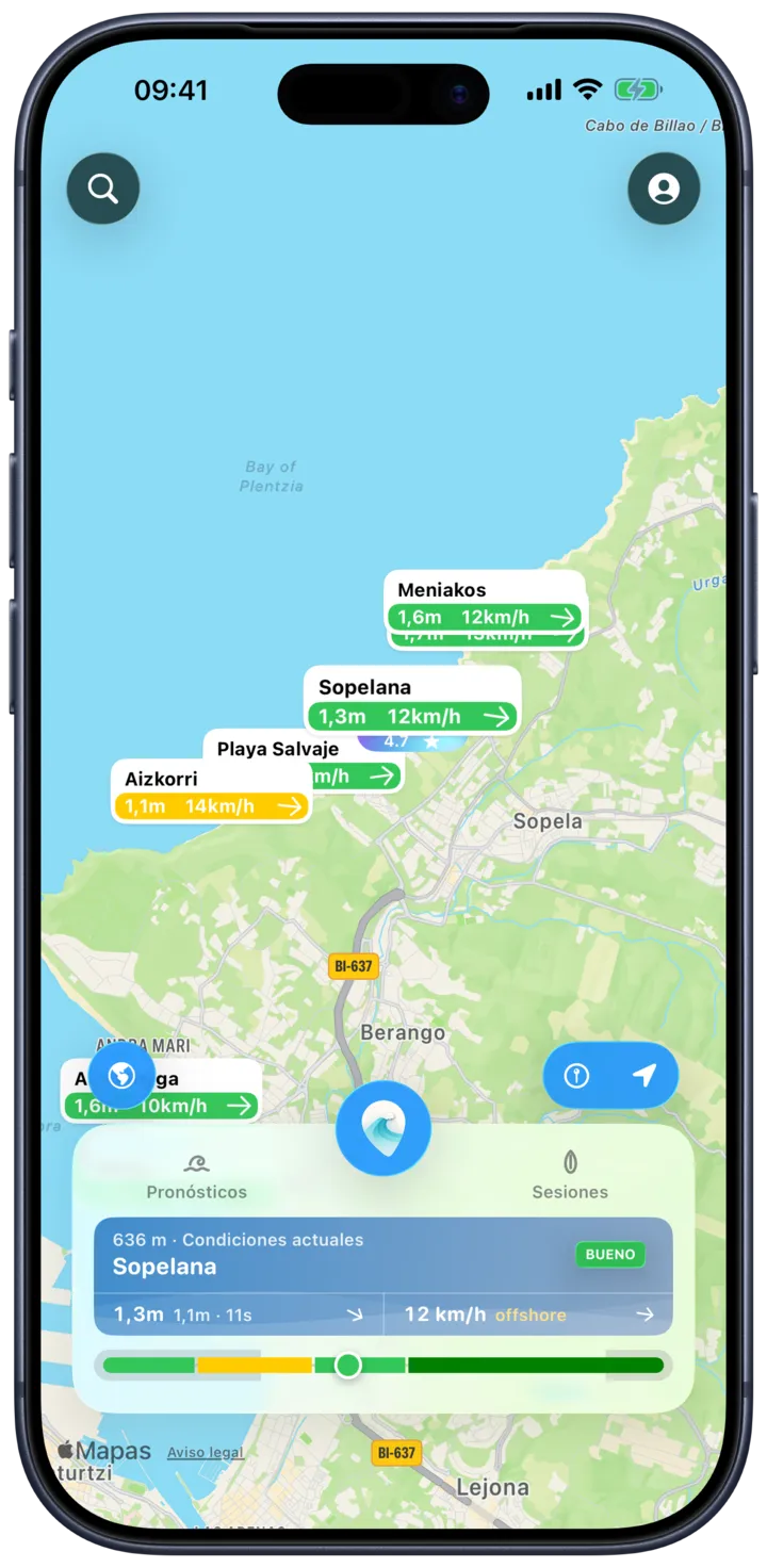 El mapa de SurfMap: cada spot muestra la altura de la ola y el viento