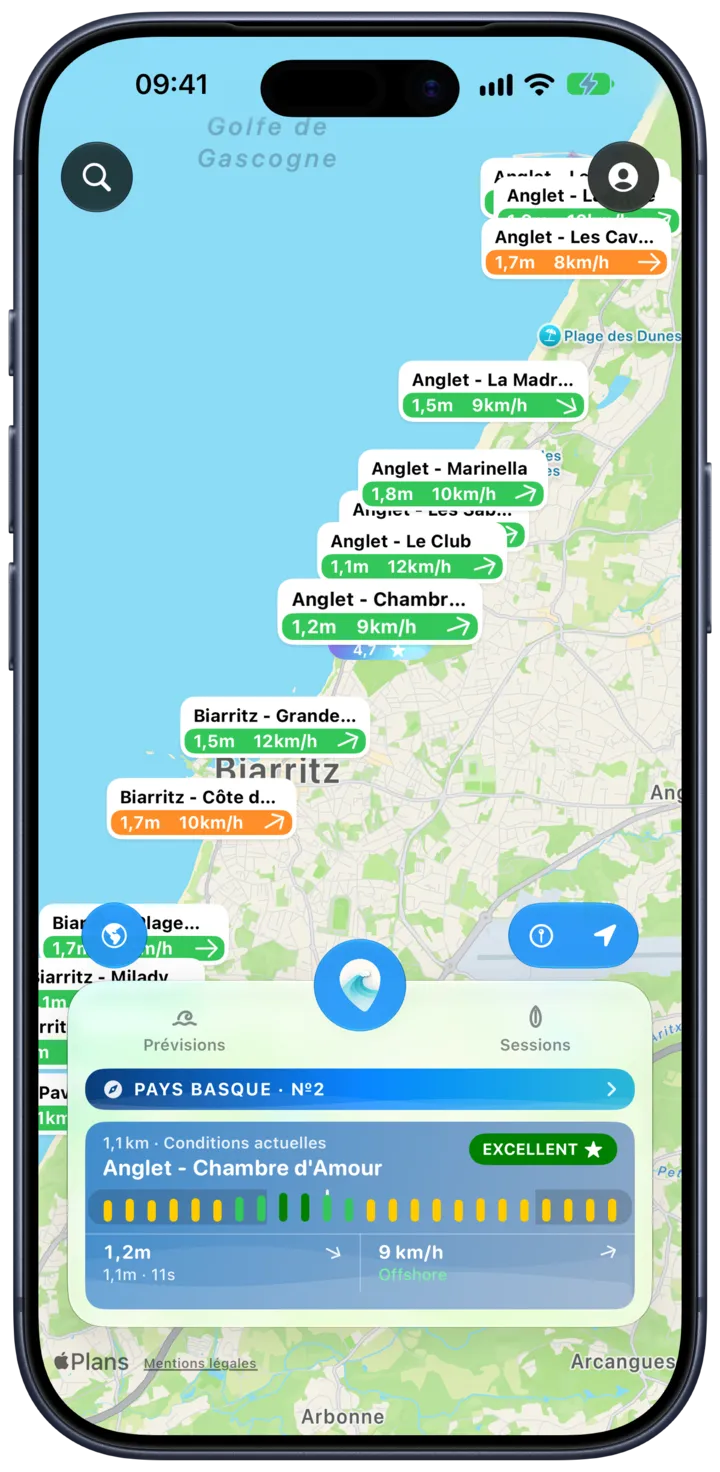 La carte SurfMap : chaque spot affiche la hauteur des vagues et le vent