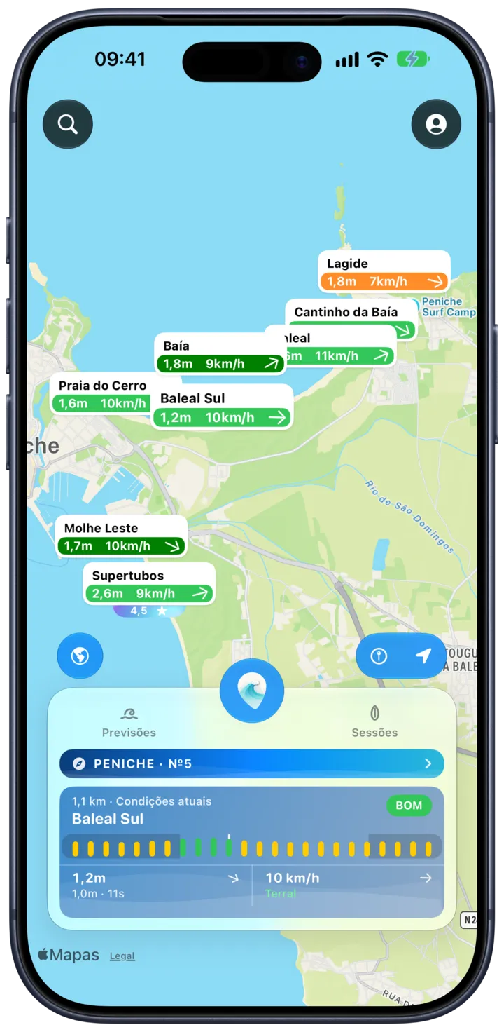 O mapa do SurfMap: cada spot mostra a altura da onda e o vento