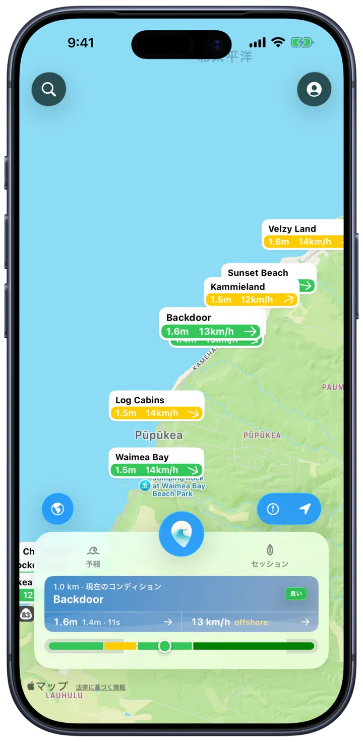 SurfMapのマップ。各スポットのピンに波の高さと風を表示