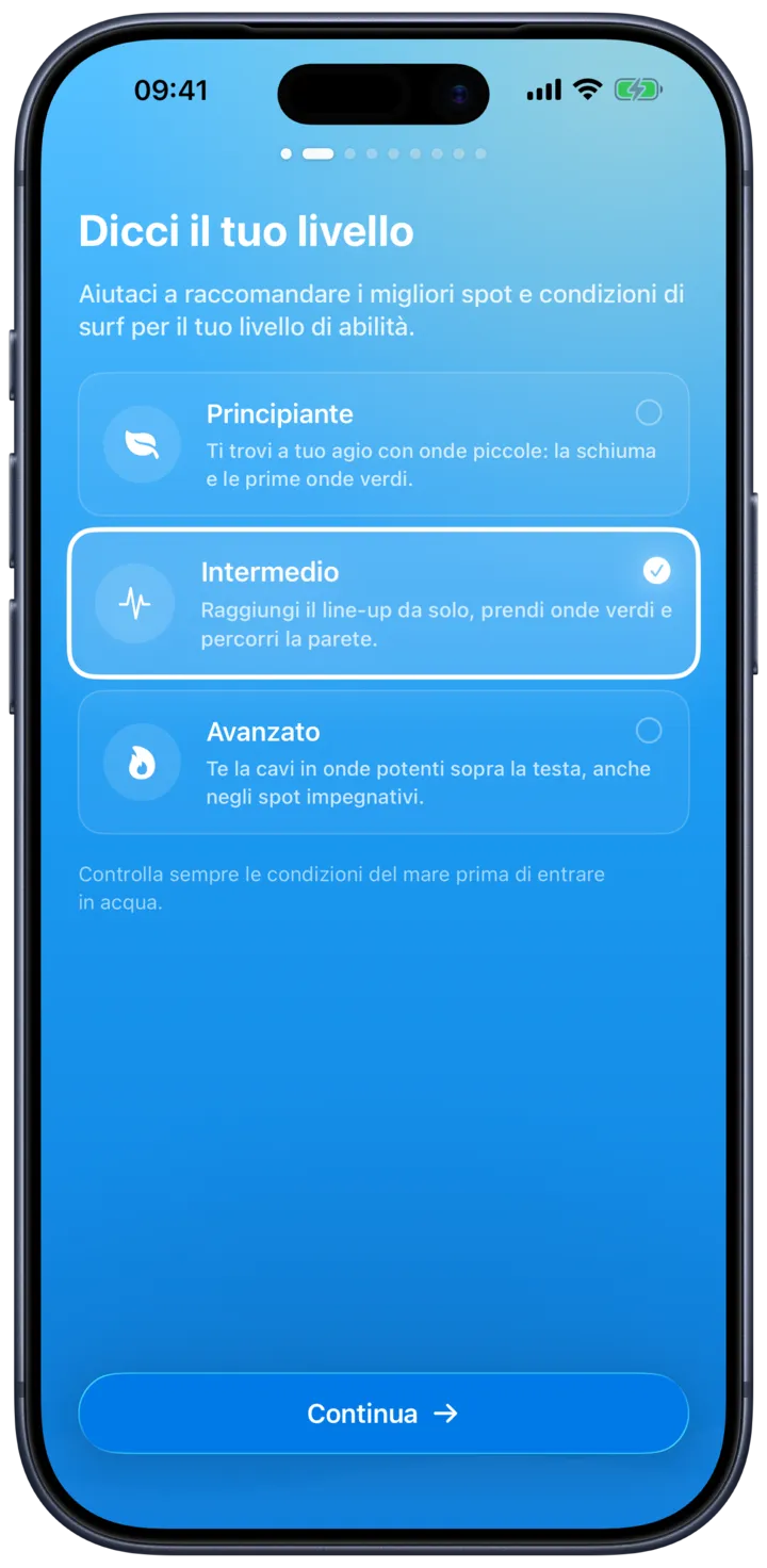 La scelta del livello di surf in SurfMap, dalle prime onde a esperto