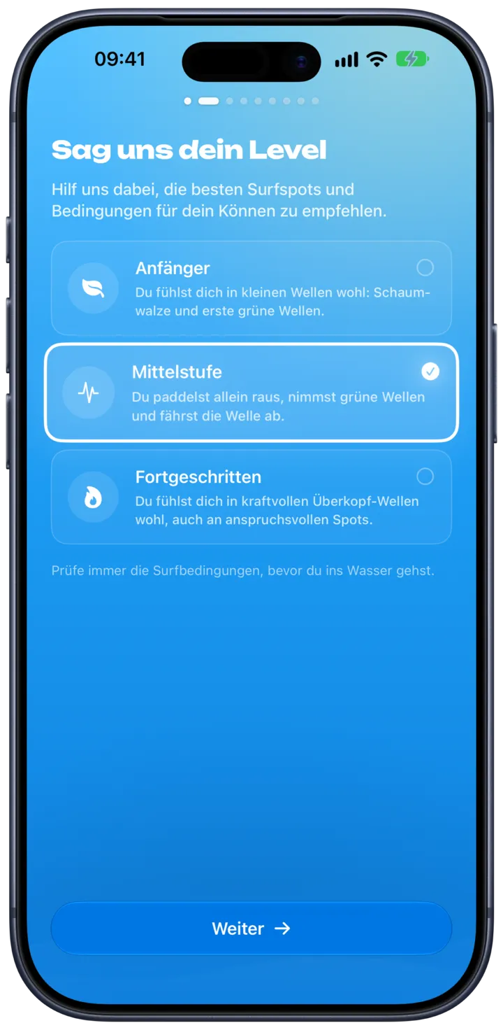 Die Wahl deines Surf-Levels in SurfMap, von den ersten Wellen bis Experte