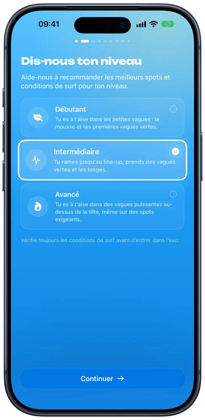 Le choix du niveau de surf dans SurfMap, des premières vagues à expert