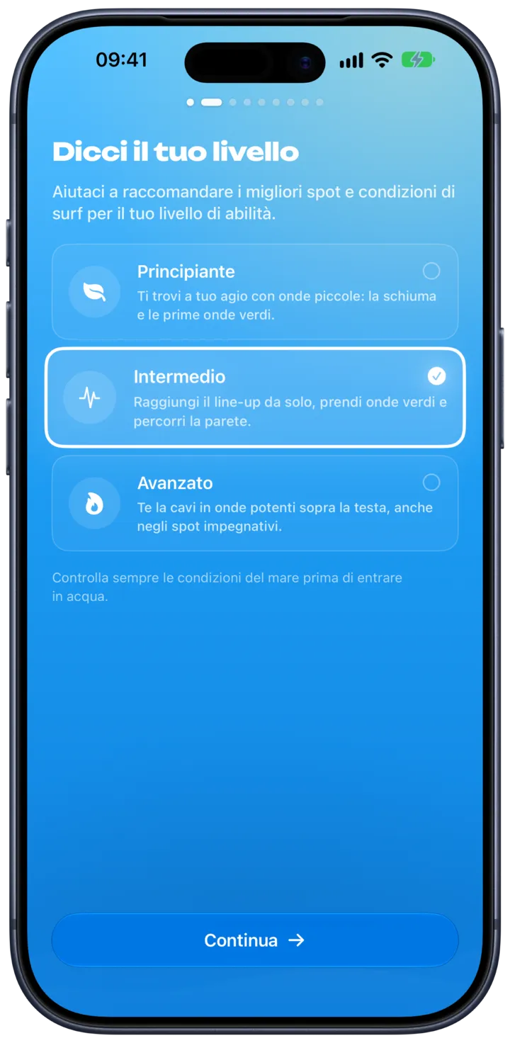 La scelta del livello di surf in SurfMap, dalle prime onde a esperto