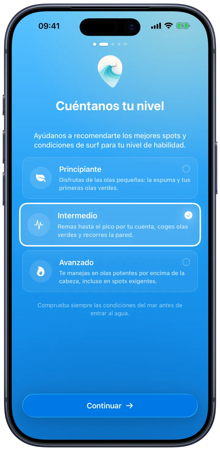 Eligiendo tu nivel de surf en SurfMap, desde primeras olas hasta experto