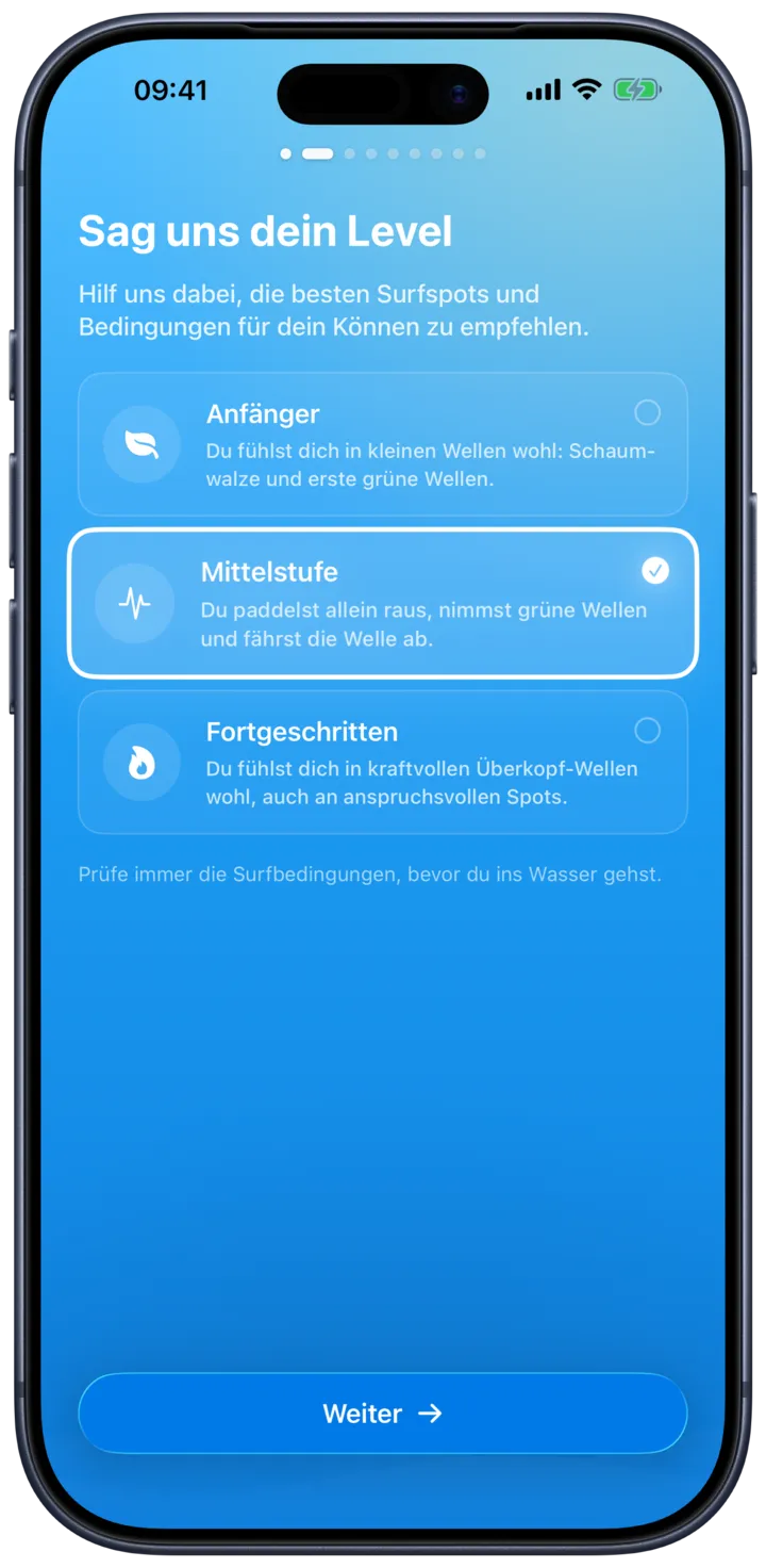 Die Wahl deines Surf-Levels in SurfMap, von den ersten Wellen bis Experte