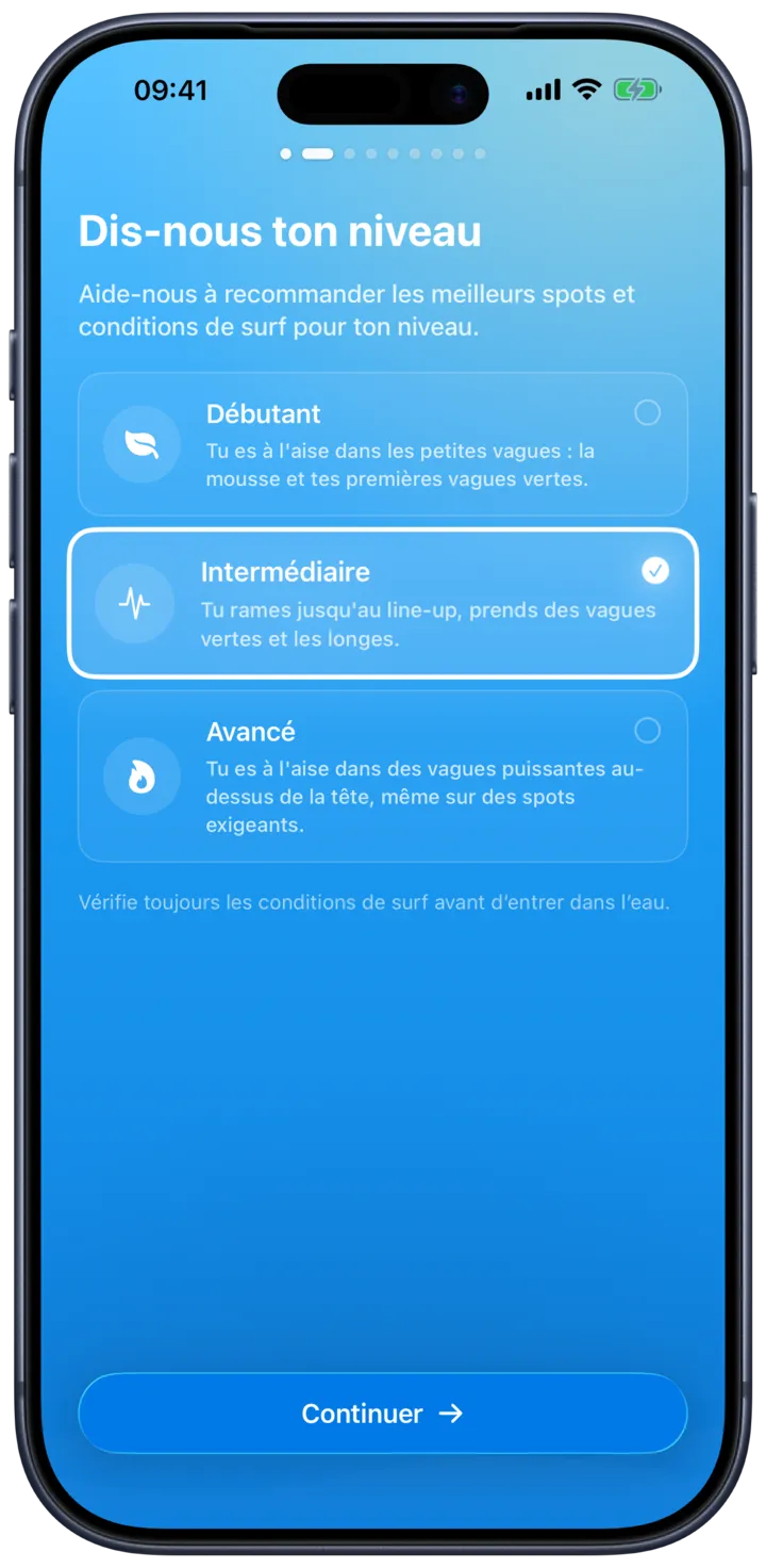 Le choix du niveau de surf dans SurfMap, des premières vagues à expert