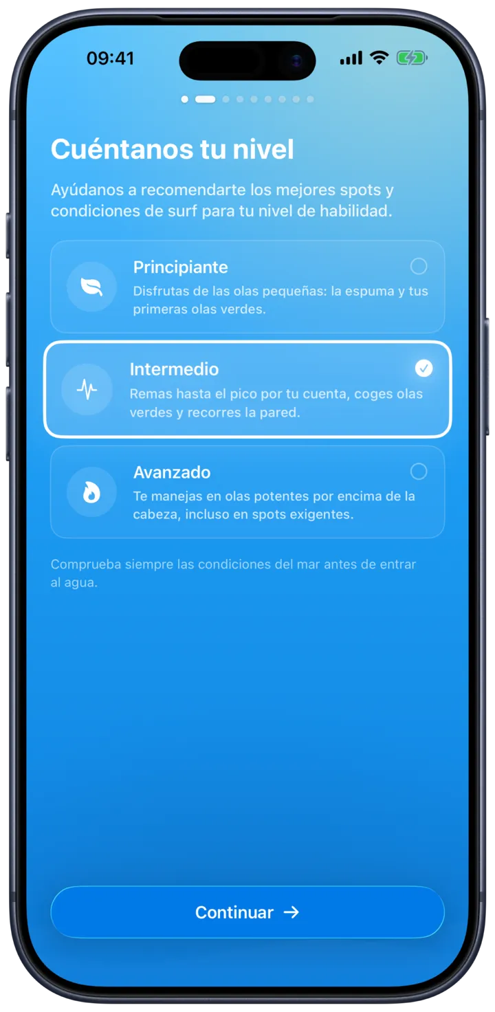 Eligiendo tu nivel de surf en SurfMap, desde primeras olas hasta experto