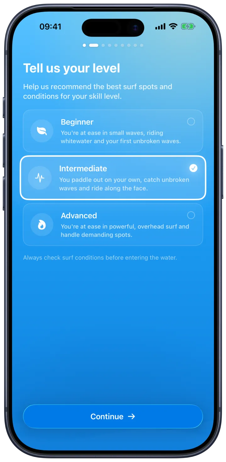 Choosing your surf level in SurfMap, from first waves to expert