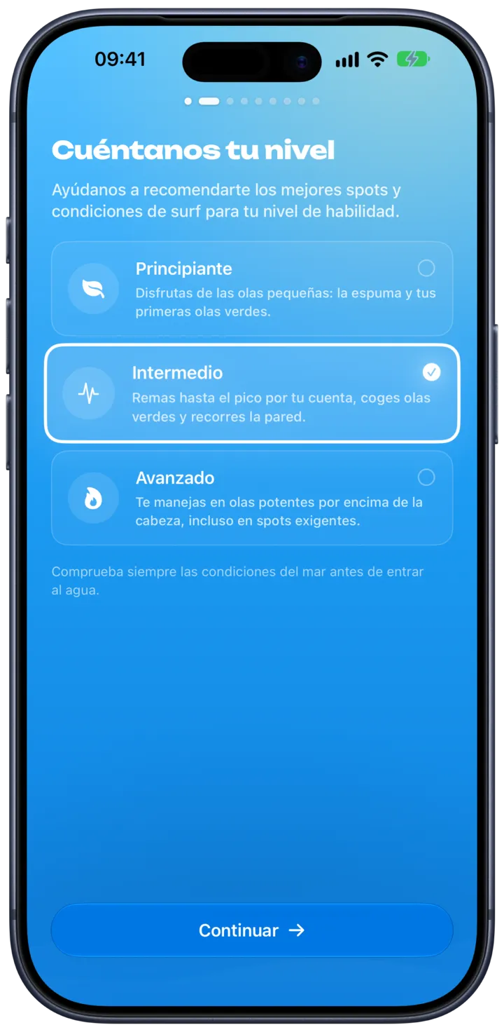 Eligiendo tu nivel de surf en SurfMap, desde primeras olas hasta experto