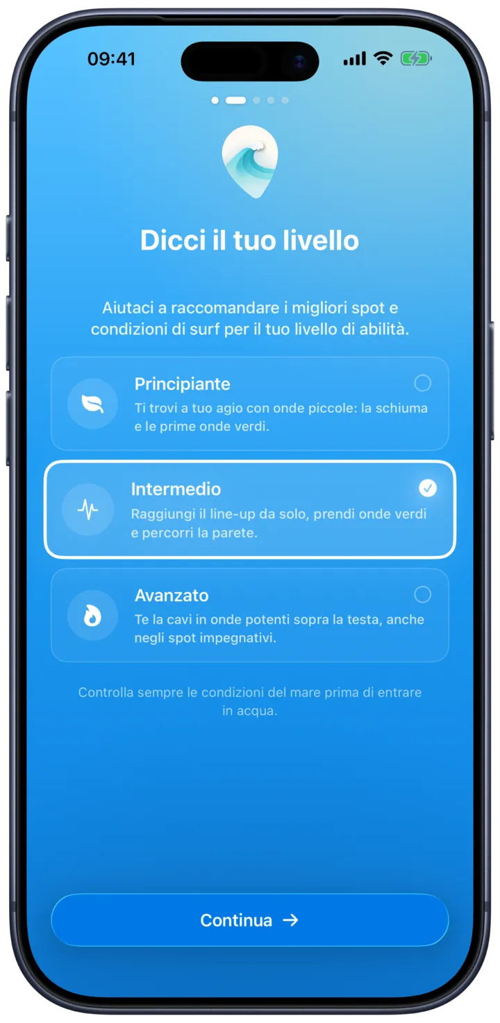La scelta del livello di surf in SurfMap, dalle prime onde a esperto