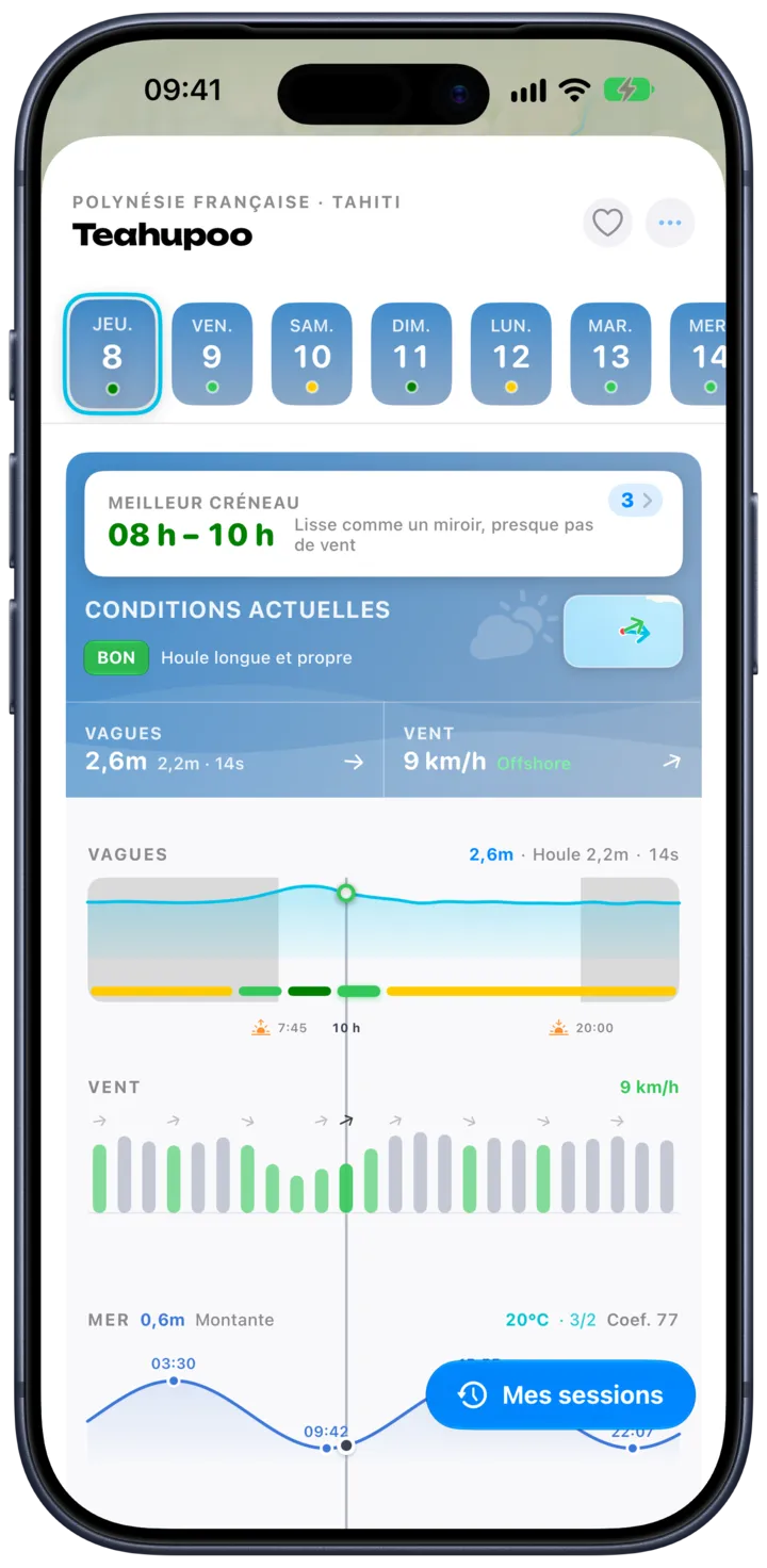SurfMap sur iPhone : les prévisions d'un spot heure par heure, avec les vagues, le vent et la marée