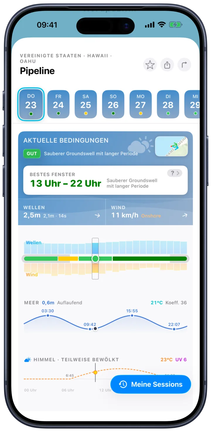 SurfMap auf dem iPhone: die Vorhersage für einen Spot, Stunde für Stunde, mit Wellen, Wind und Gezeiten