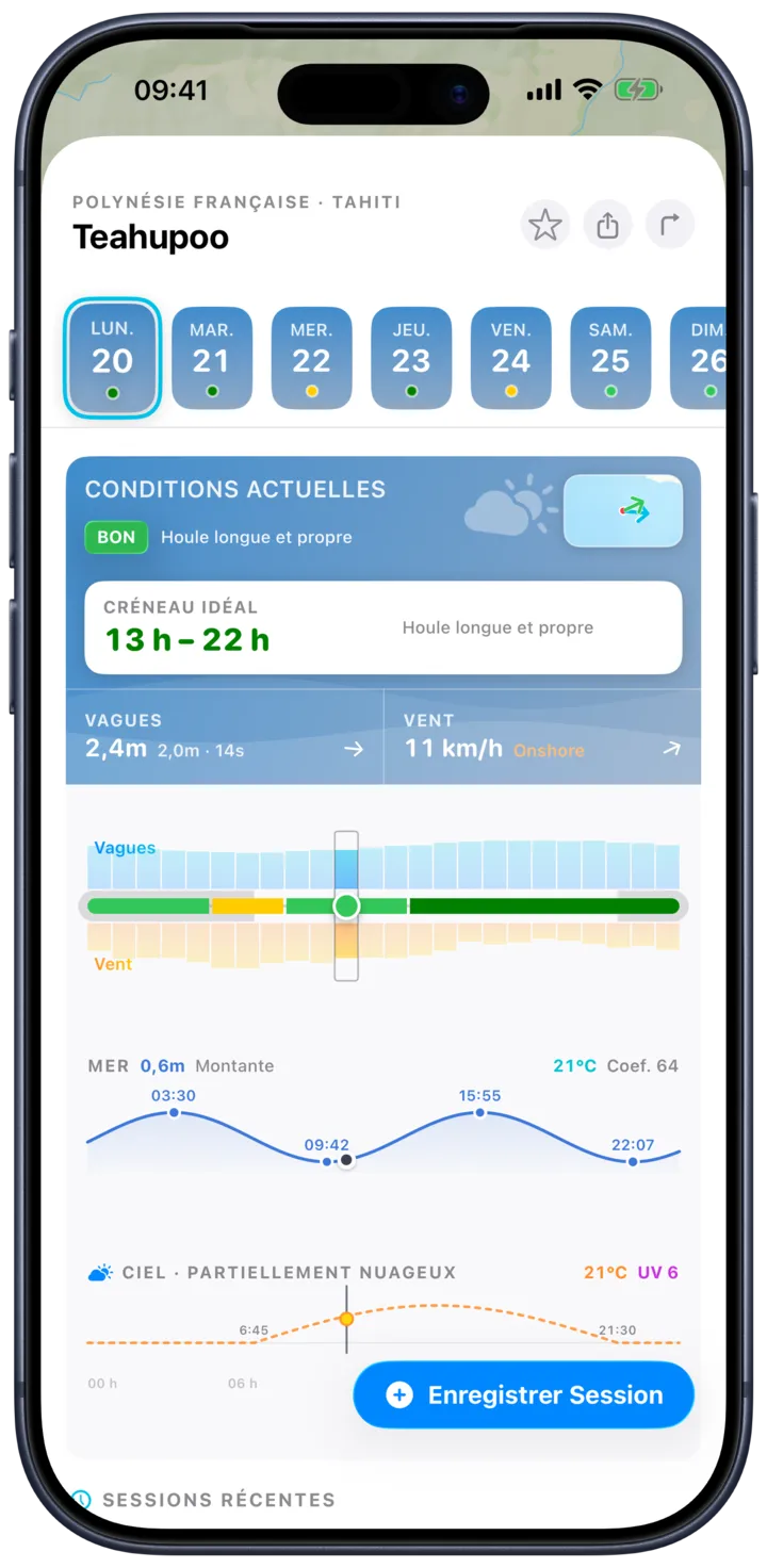 SurfMap sur iPhone : les prévisions d'un spot heure par heure, avec les vagues, le vent et la marée