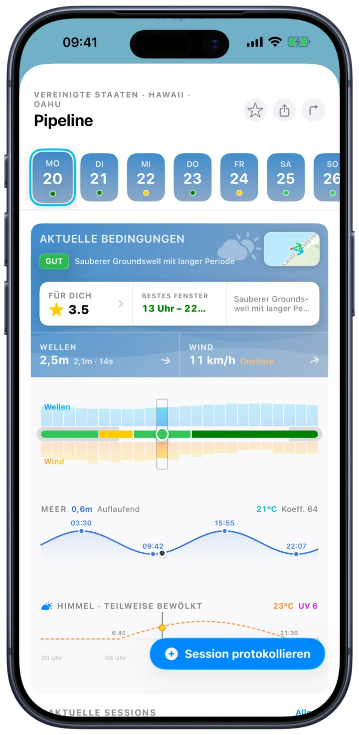 SurfMap auf dem iPhone: die Vorhersage für einen Spot, Stunde für Stunde, mit Wellen, Wind und Gezeiten