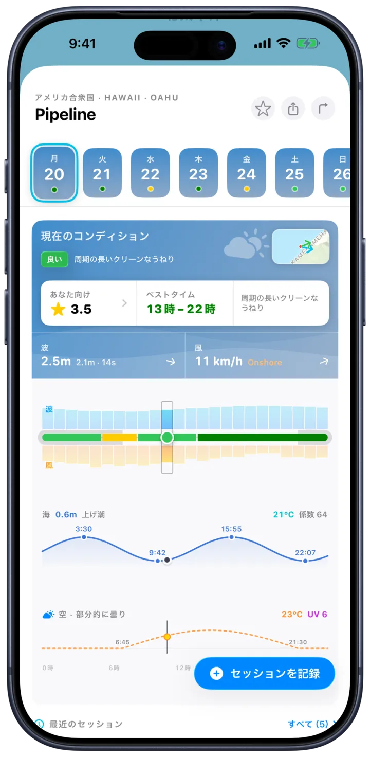 iPhoneのSurfMap:ひとつのスポットの予報を1時間ごとに、波・風・潮とあわせて表示
