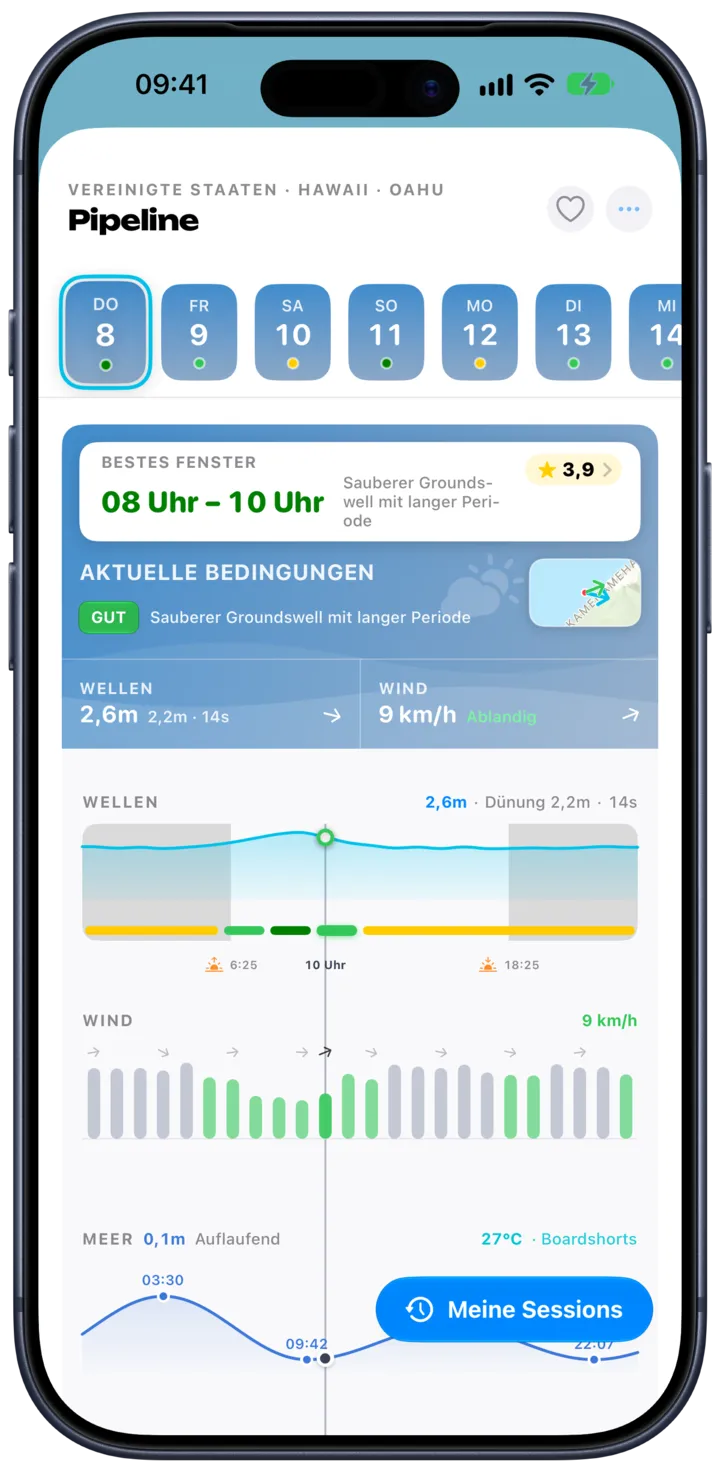 SurfMap auf dem iPhone: die Vorhersage für einen Spot, Stunde für Stunde, mit Wellen, Wind und Gezeiten
